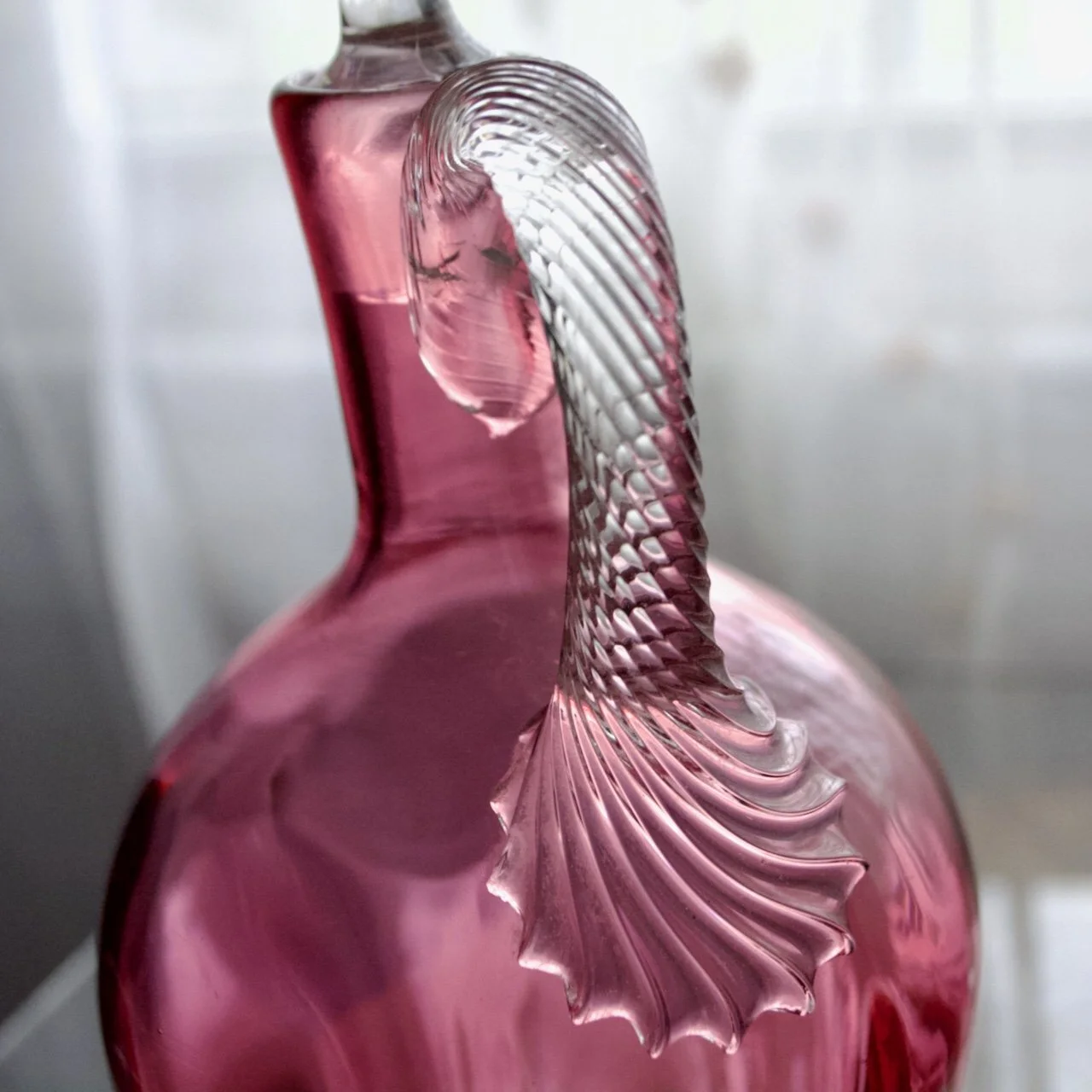 Bohemian Cranberry Glass Liquor Set — Decanter with Stopper and 7