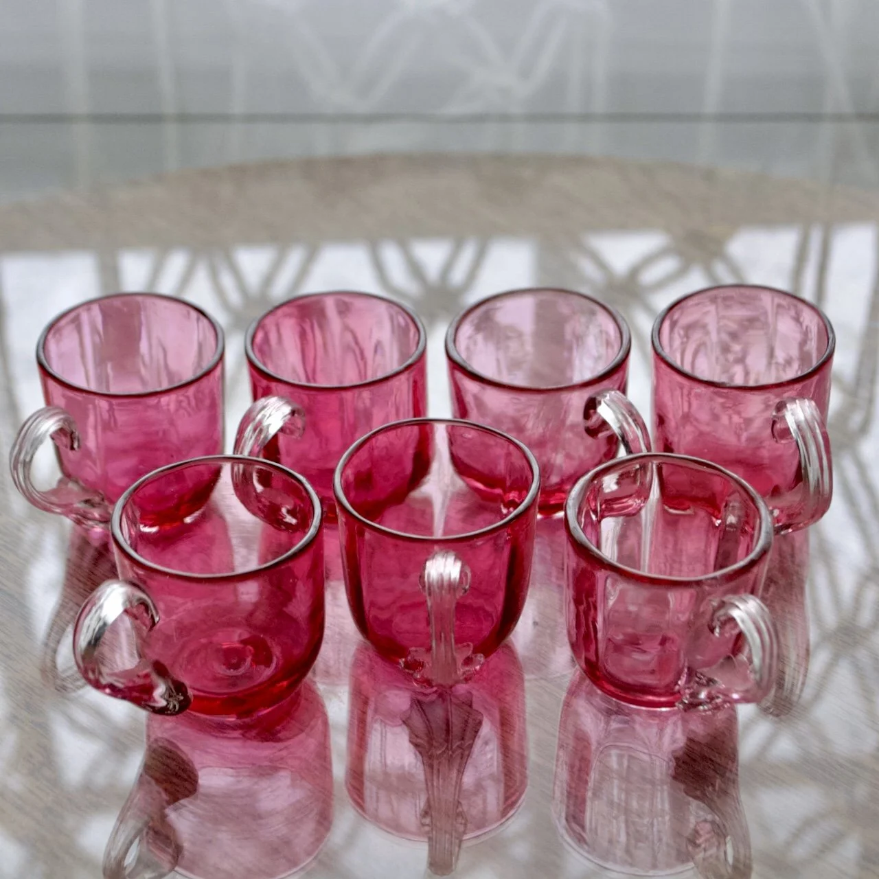 Bohemian Cranberry Glass Liquor Set — Decanter with Stopper and 7