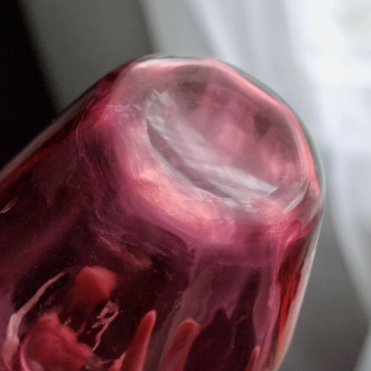 Bohemian Cranberry Glass Liquor Set — Decanter with Stopper and 7