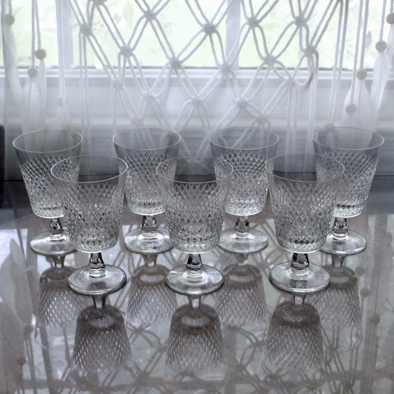 UV Reactive Seven 4.25” Diamond Etched Fine Lead Crystal Glasses