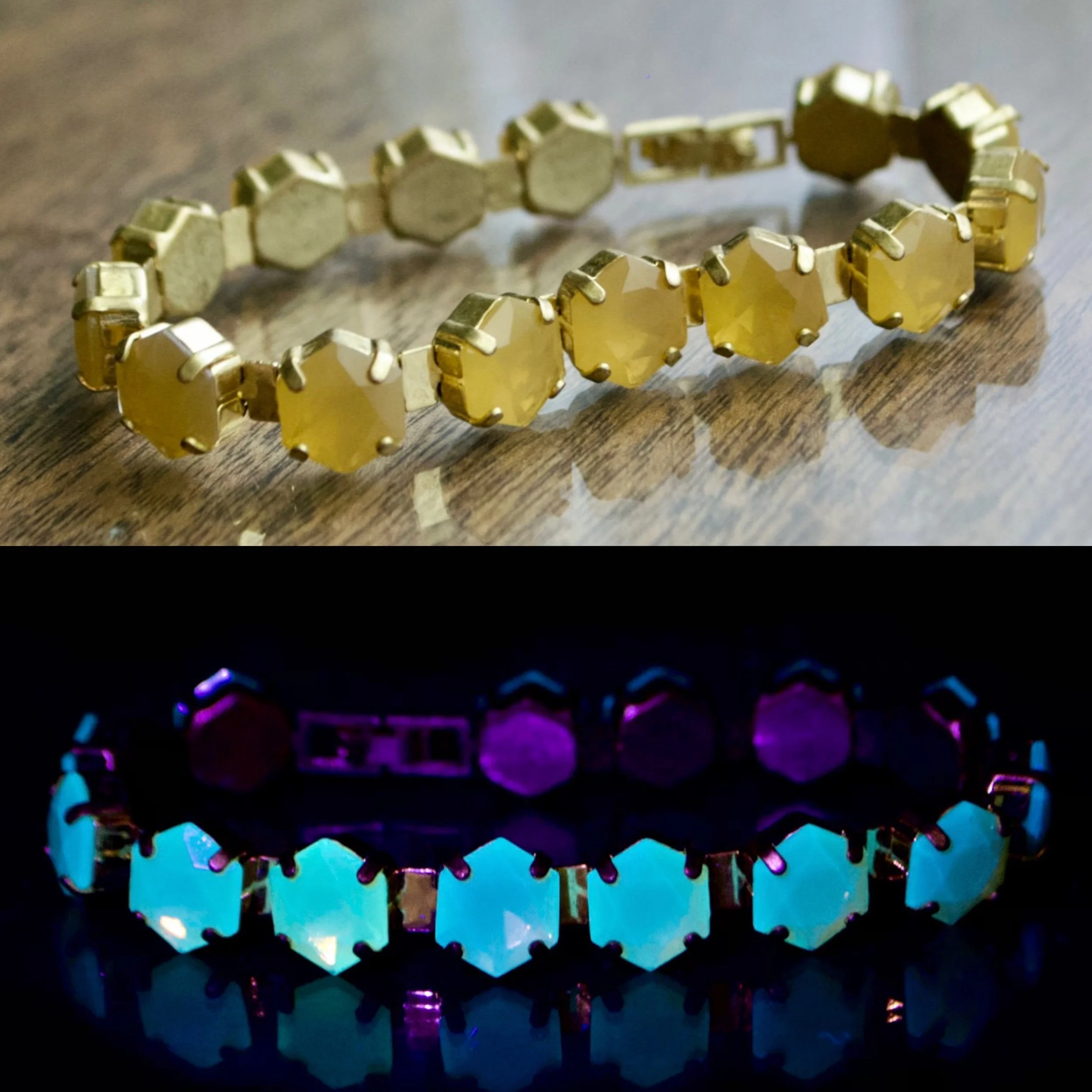 Vintage 7” Yellow Opal Lucite Plastic Rhinestone Brass Bracelet