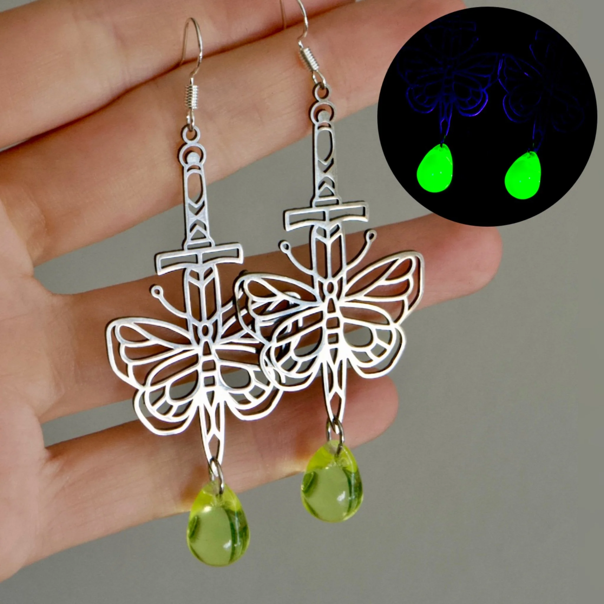 Butterfly Dagger Earrings with Uranium Glass Drop on Sterling Silver Hooks