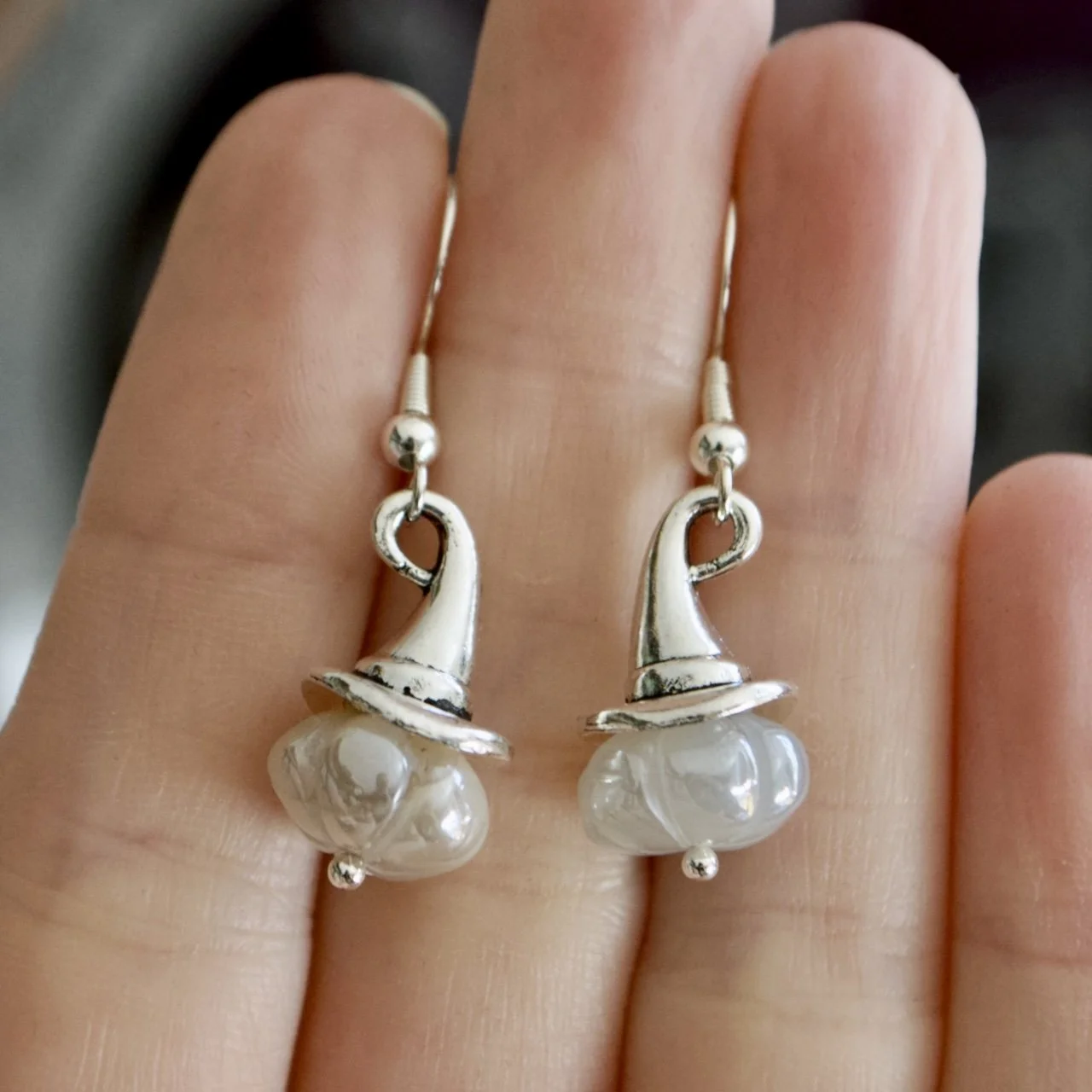 Grey Aura Moonstone Pumpkin Witch Hat earrings on Sterling Silver Hooks