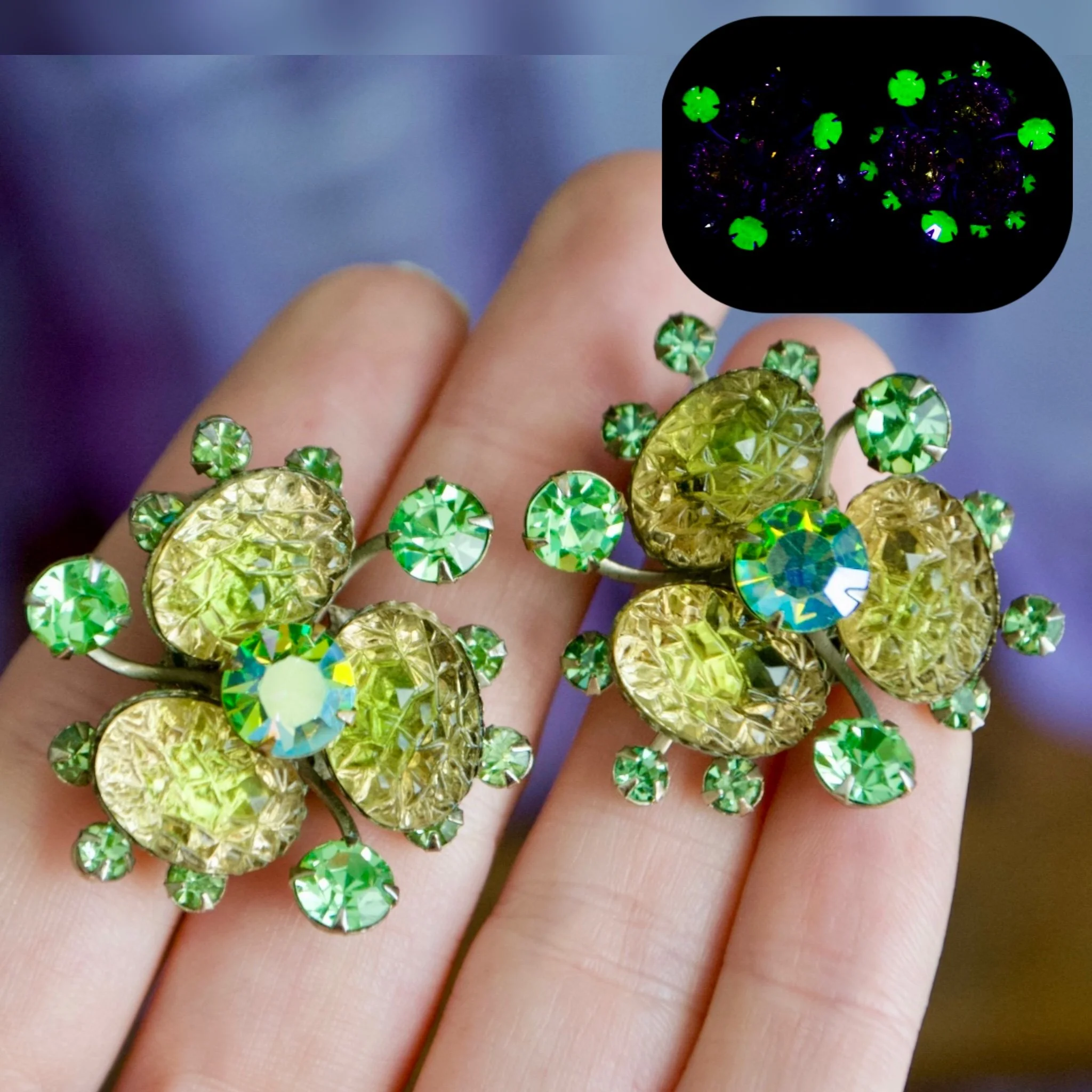 Vintage Judy Lee Uranium Glass Clip on Earrings