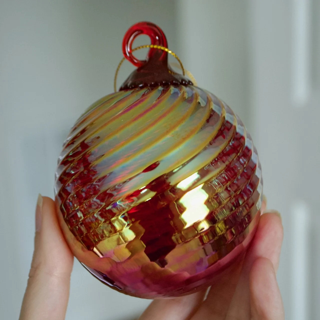 Iridescent Ruby Red Hand Blown Glass Ornament Made in Poland