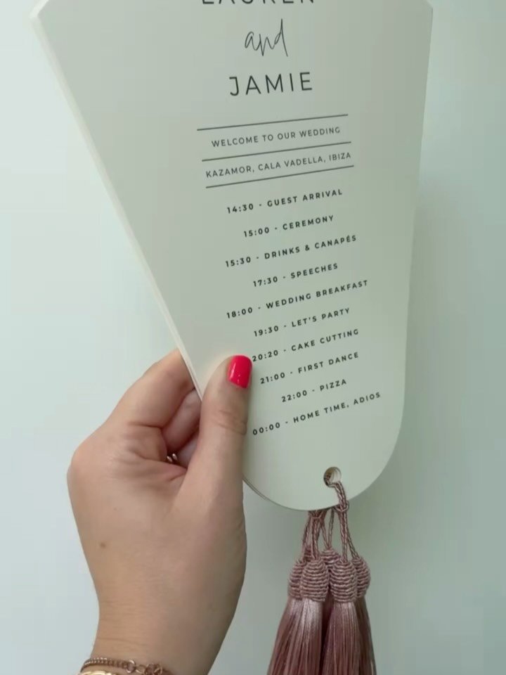 H O L A 🪭

Fanning into Friday reminiscing on these dual purpose orders of service&hellip; timings, songs and a fan for the Ibiza heat. Loved them!

An excellent song choice for the happy couple too. What better way to kick off married life than wit