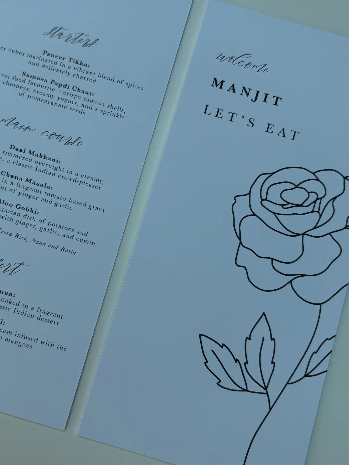 Wedding season is in full bloom! Delighted to share these menus created for the lovely Suki &amp; Tom last month. They had the most incredible menu, full Indian banquet with all dietary requirements covered. 

As an alternative to separate place card