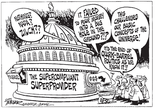 Fig. 5. As this cartoon illustrates, public support for big physics was faltering in the early 1990s, making the small science vision articulated by Anderson and his colleagues more attractive to legislators. Source: Copyright 1993 by John Trever, Albuquerque Journal . Reprinted by permission.