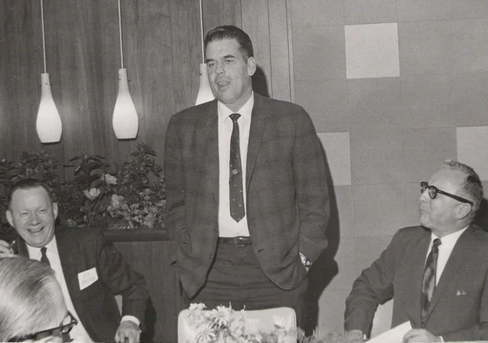 The Cleveland Club representatives above are: The man in the middle is the incomparable Otto Graham. The men on left and right are Club founders Ed Seitz and Joe Gambatese. This Club meeting was held in the late 1960s.