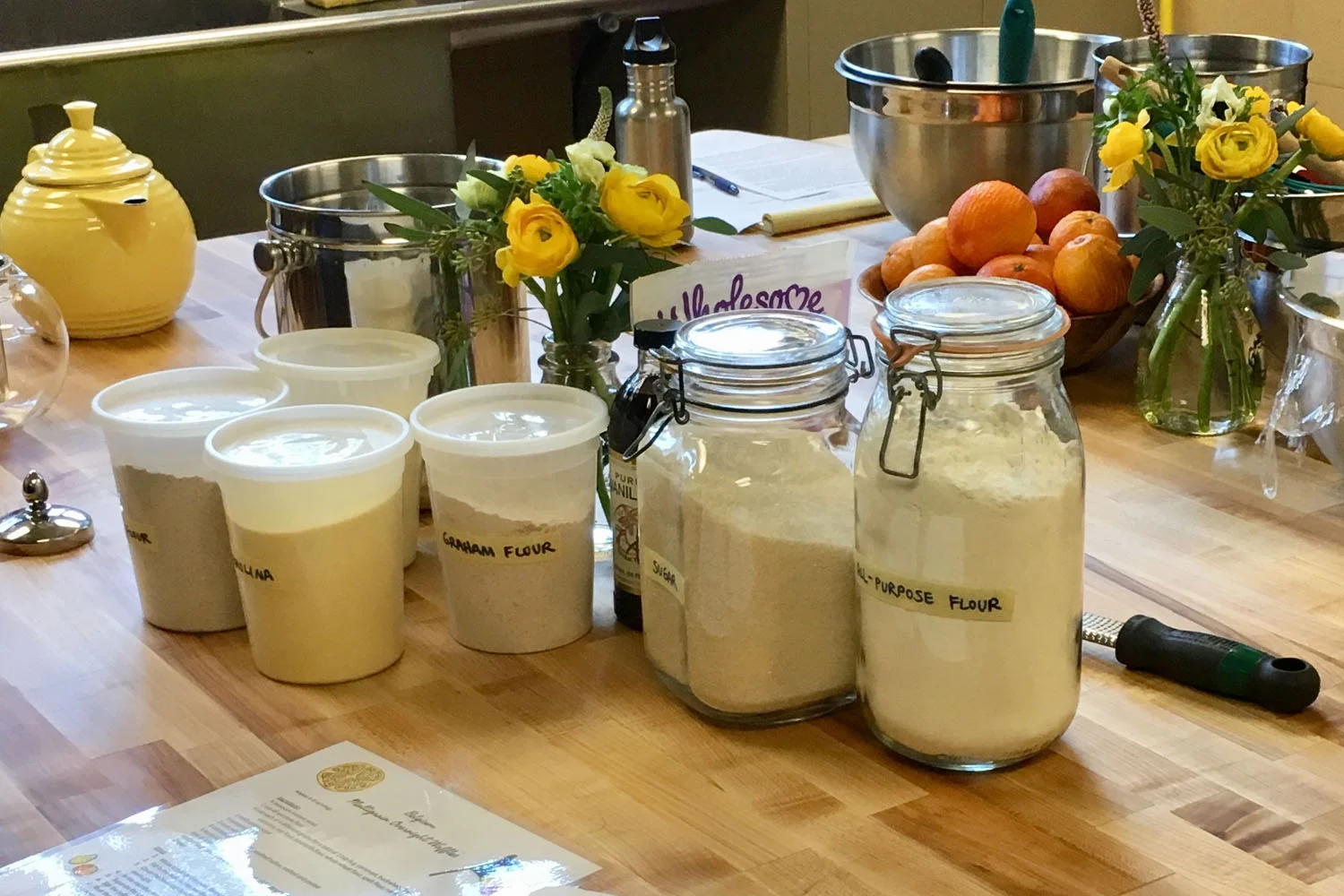 We used five different kinds of flour in our waffle batter: white wheat, semolina, cornmeal, buckwheat, and graham.