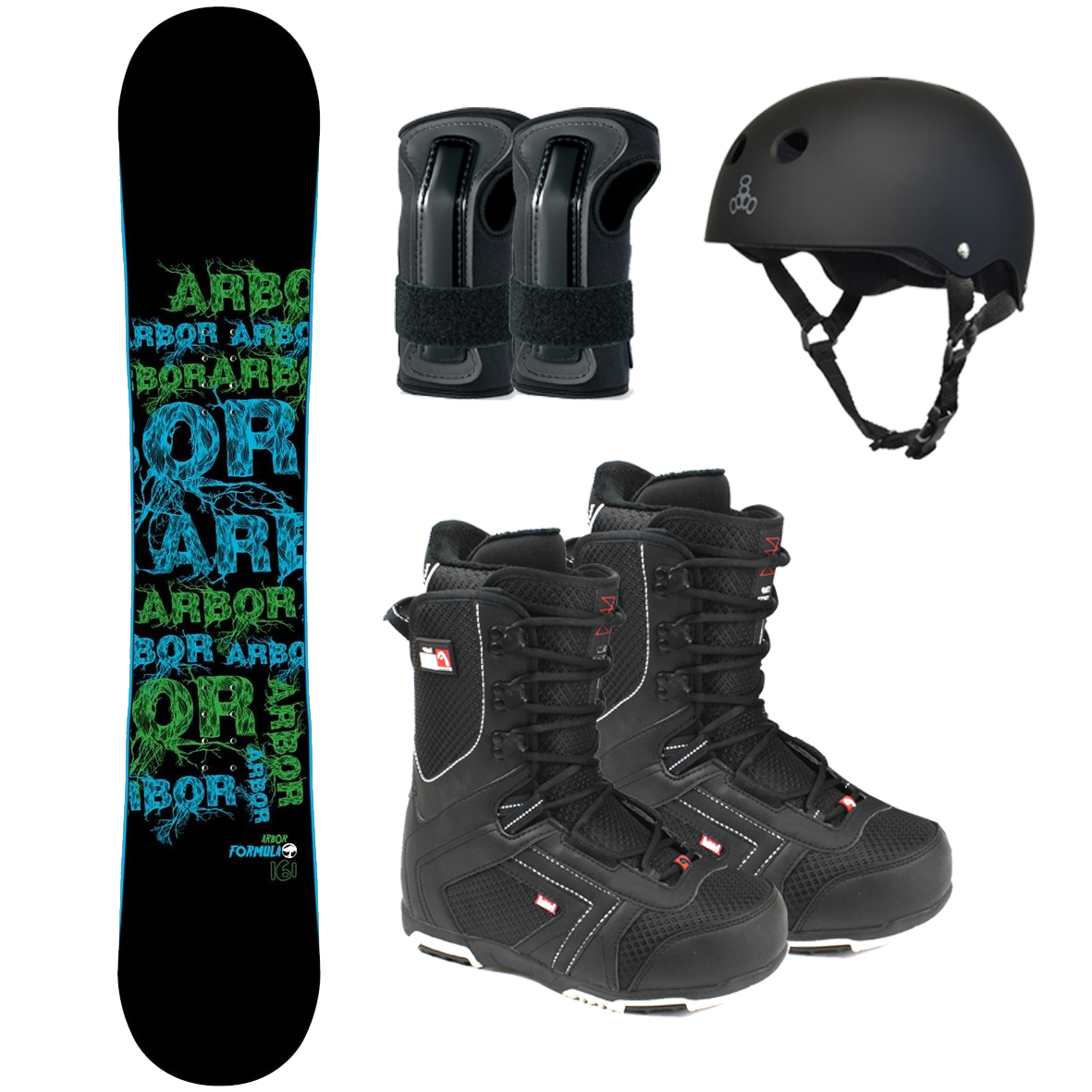 adult snowboard, boots, helmet.jpg