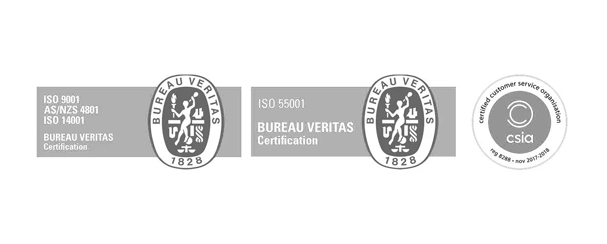 Bureau Veritas Certification ISO 9001 AS/NZS 4801 ISO 14001, ISO 55001, Certified Customer Service Organisation CSIA