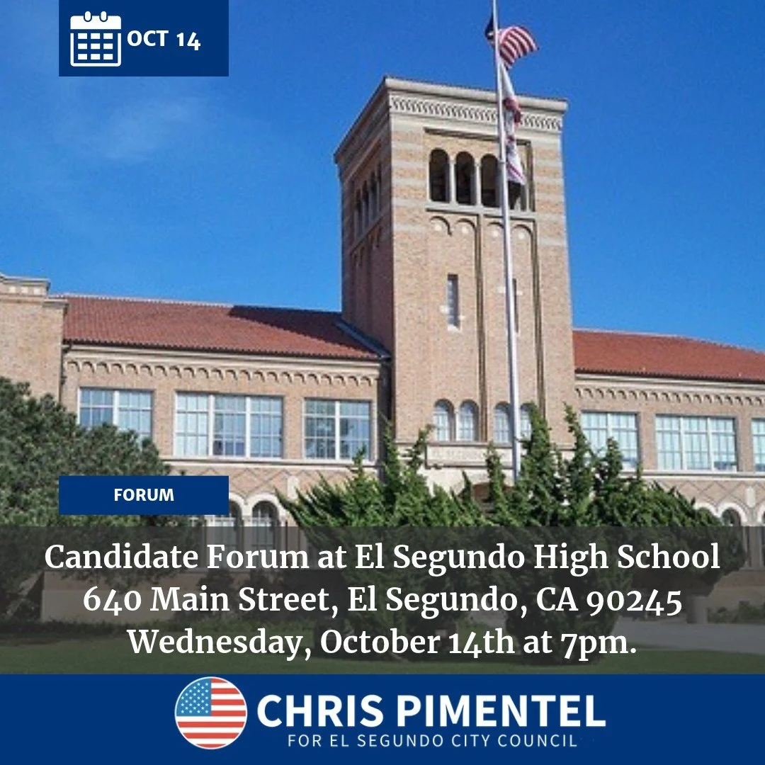 📍 El Segundo Candidate Forum TONIGHT!

Join us tonight for the El Segundo City Council Candidate Forum! I'll be there to discuss the issues facing our city, share my perspective on El Segundo's future, and answer questions from our community.

📅 We