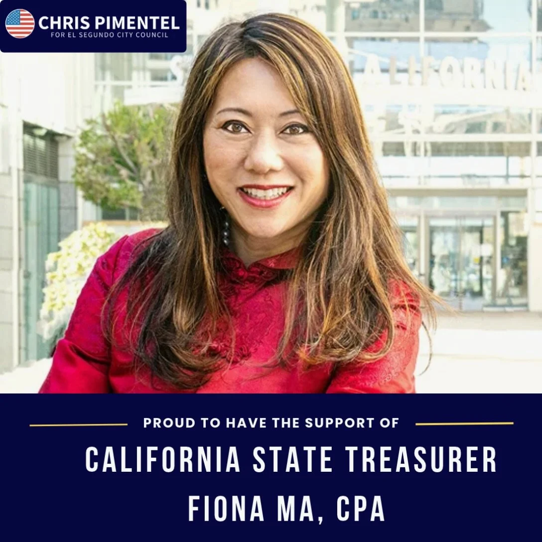 I&rsquo;m honored to have the endorsement of California State Treasurer Fiona Ma, CPA!

Fiona understands the importance of strong local economies, smart investments, and creating opportunities for businesses and residents alike.

El Segundo is uniqu