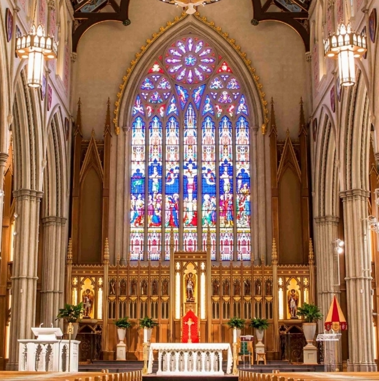St. Michael's Cathedral Chancel Organ Speakers are in custom-built cabinets on each side of the beautiful stained glass sanctuary window