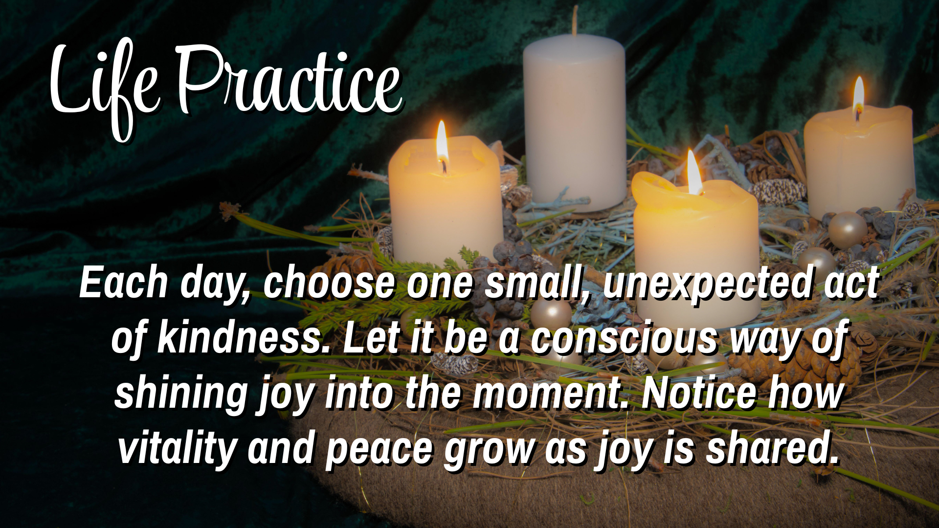 Life Practice -
Each day choose one small, unexpected act of kindness. Let it be a conscious way of shining joy into the moment. Notice how vitality and peace grow as joy is shared.