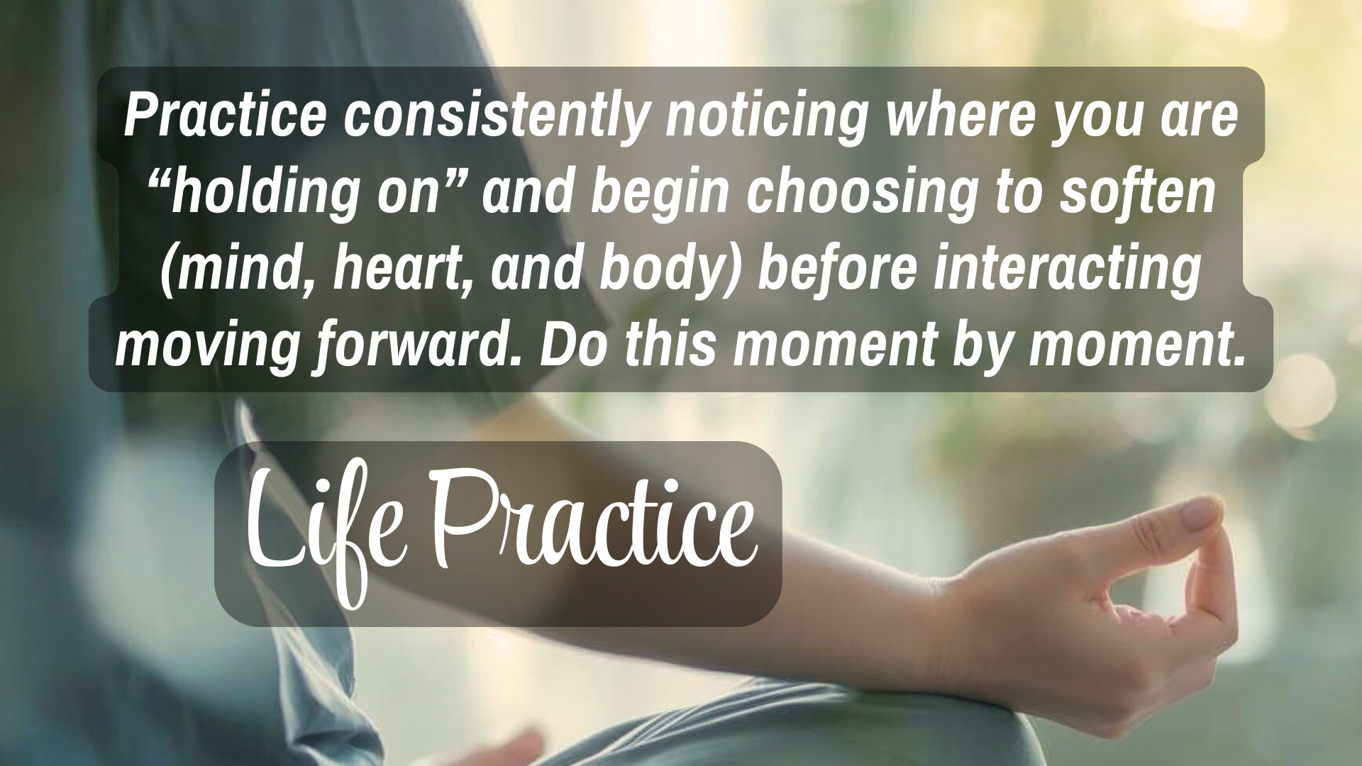 Life Practice 

Practice consistently noticing where you are "holding on" and begin choosing to soften (mind, heart, and body) before interacting moving forward. Do this moment by moment. 