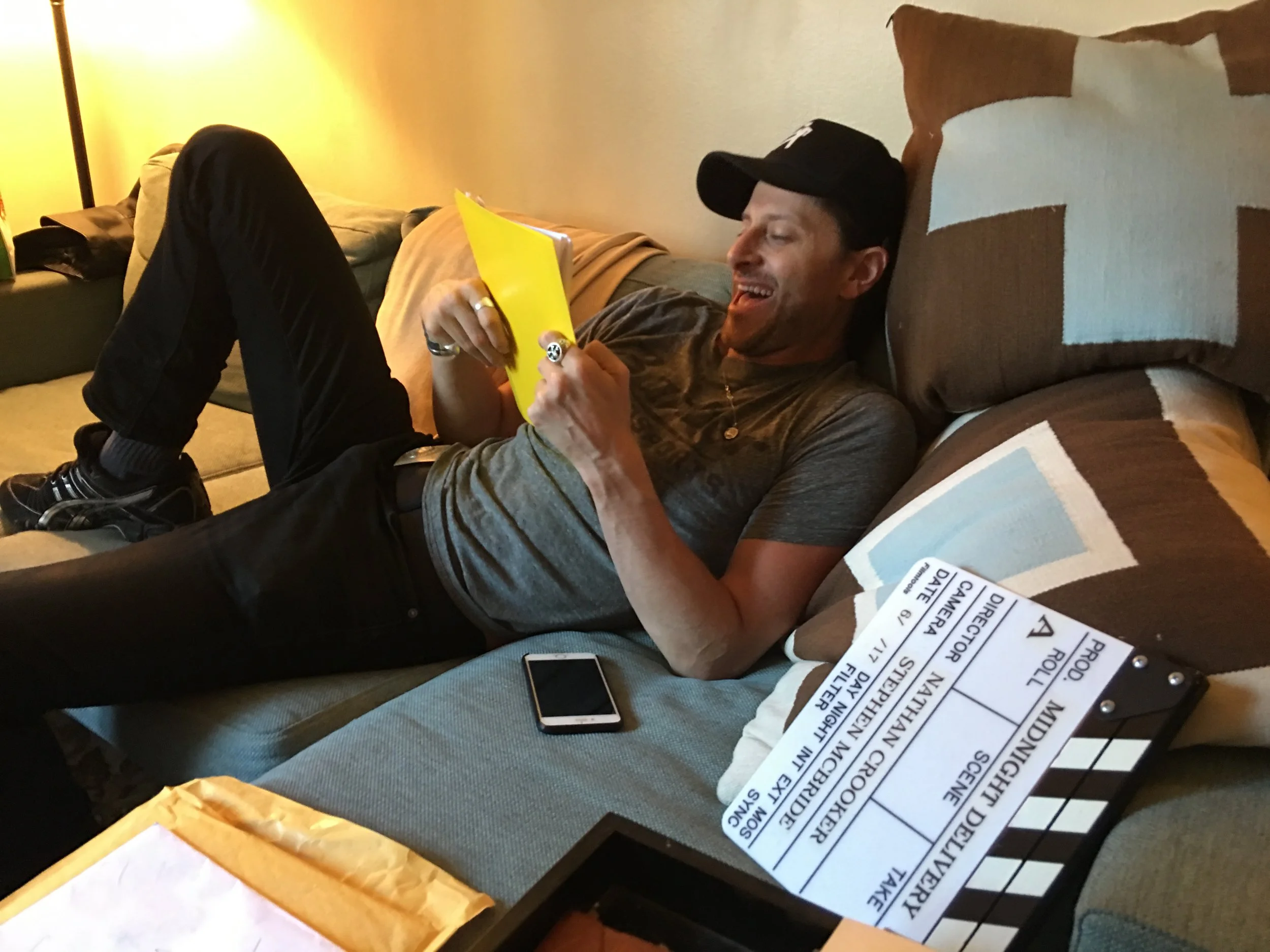 Director Nathan Crooker finds something funny in his horror script. 