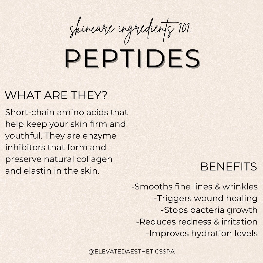 Peptides are beneficial ingredients for everyone tp incorporate in their ski routine. We consider these super preventative and corrective for fine lines and wrinkles. They&rsquo;re your best option as a topical mock of botox. 

Swipe to see a list of