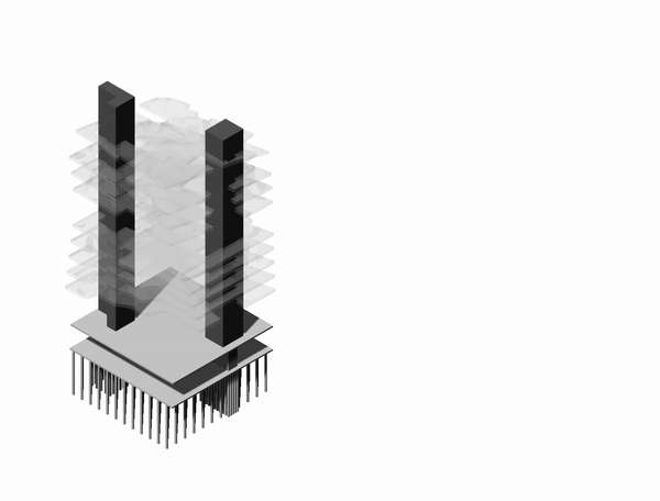 The project starts with a scripted manipulation of volumes. After several iterations we picked one configuration and we generate one envelope around the "blocky" volumes. 
