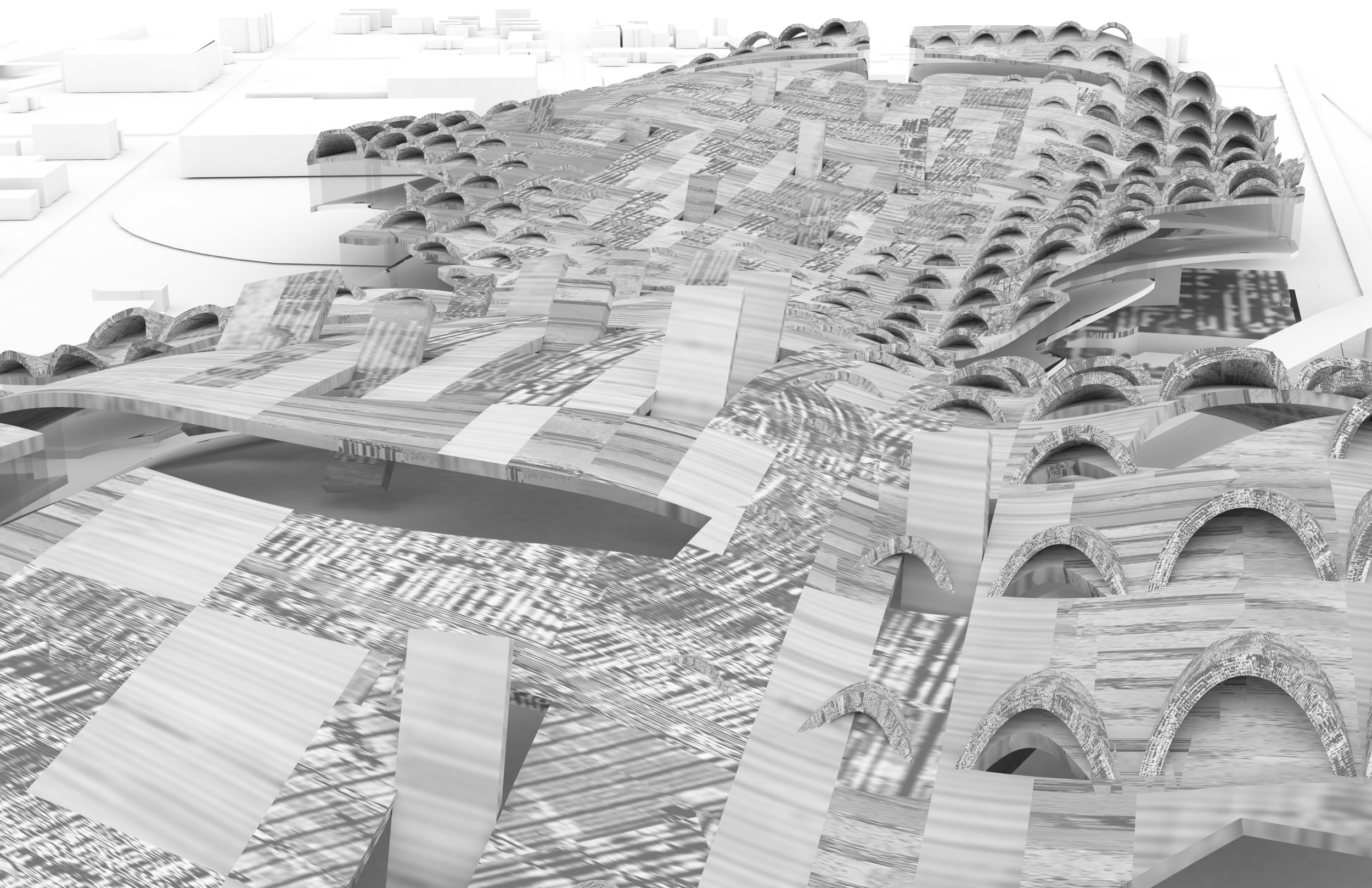 The roof is composed by two kind of openings : Public and Private. Because of the endless extension, many circulation spaces inside the building become shareable spaces between different functional programs. 