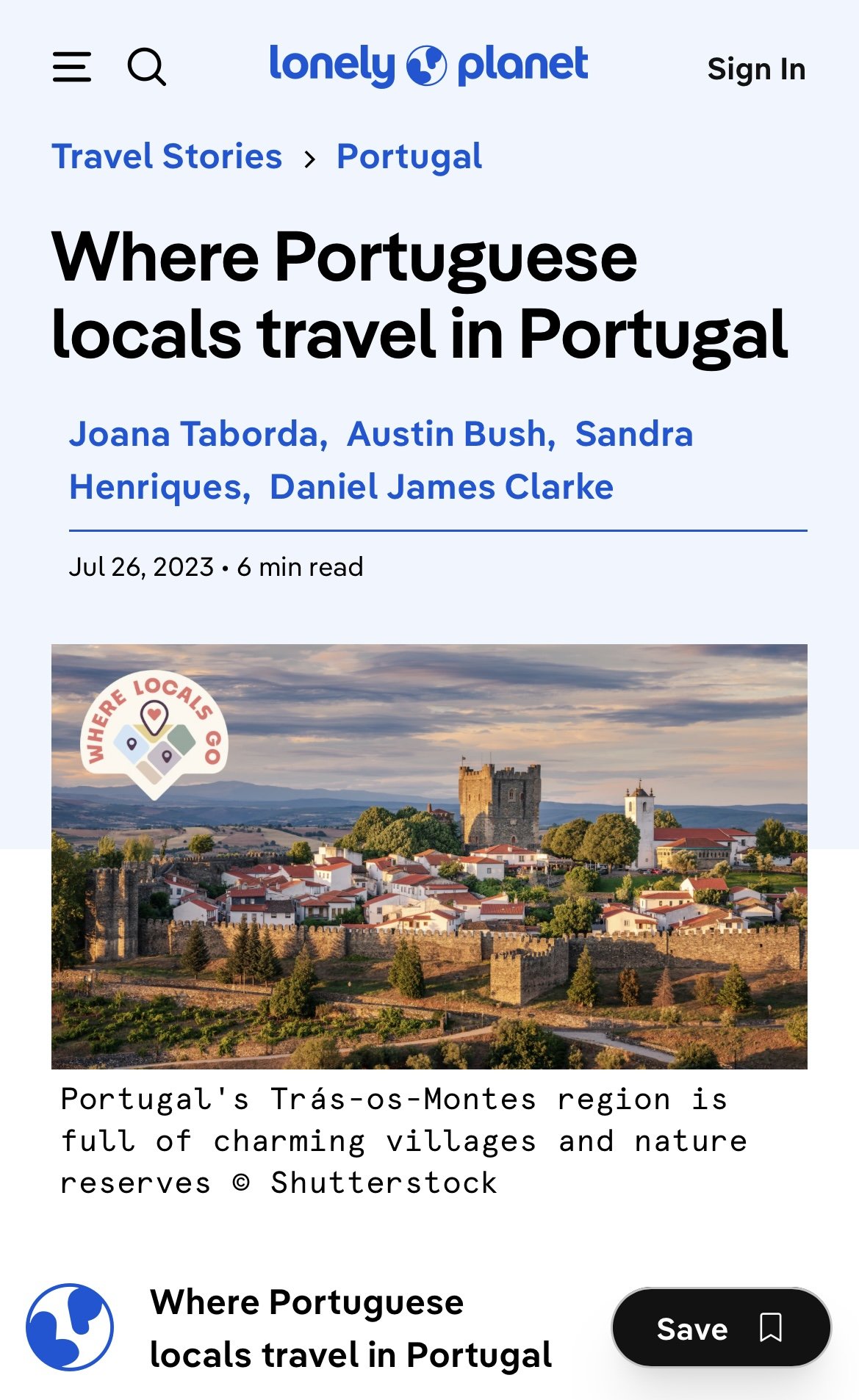  Click here to go to article: “ Where Portuguese locals travel in Portugal ,” Lonely Planet 