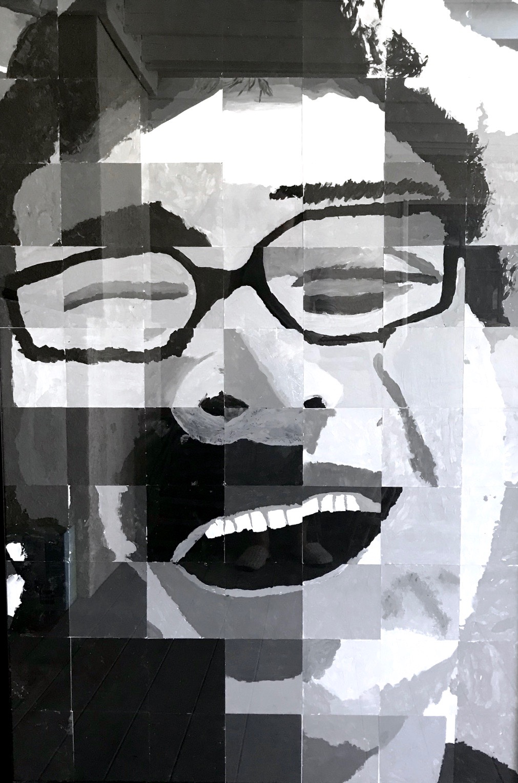 "Matthew" Self Portrait Series 70 individual mosaic squares Acrylic Paint on Canvas Paper, 32" x 62"