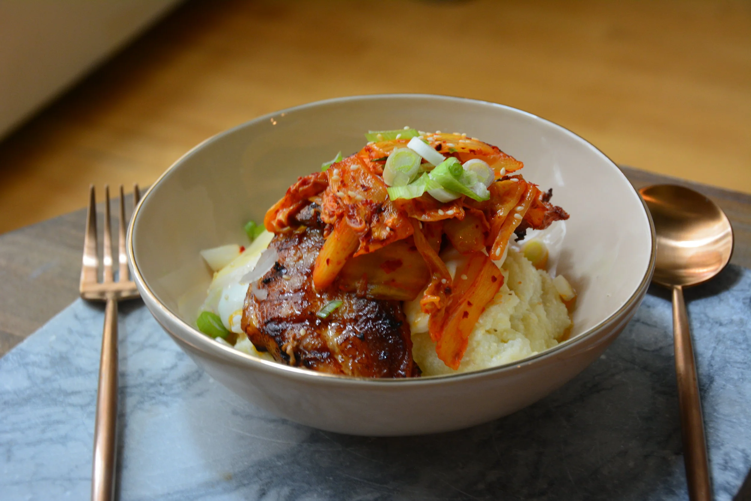 Creamy Grits with Sauteed Kimchi and Spicy Pork Belly Bowl