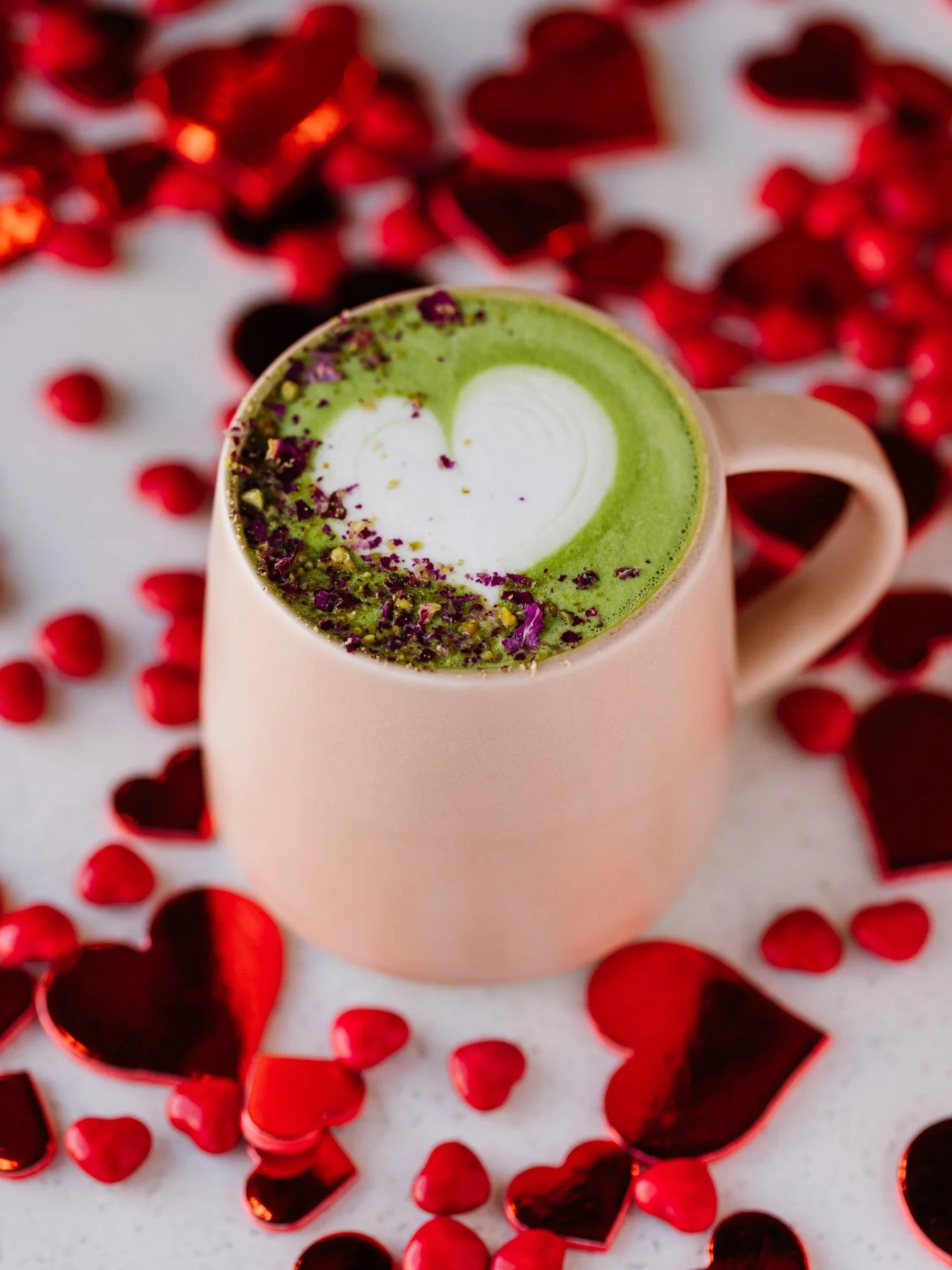 will you be my valentine 💌 ❤️ serving up our favourite valentines drinks all day: rose pistachio matcha, cherry vanilla matcha, &amp; hershey kiss cold brew  #theirthere #matcha #brunch #valentinesdrinks