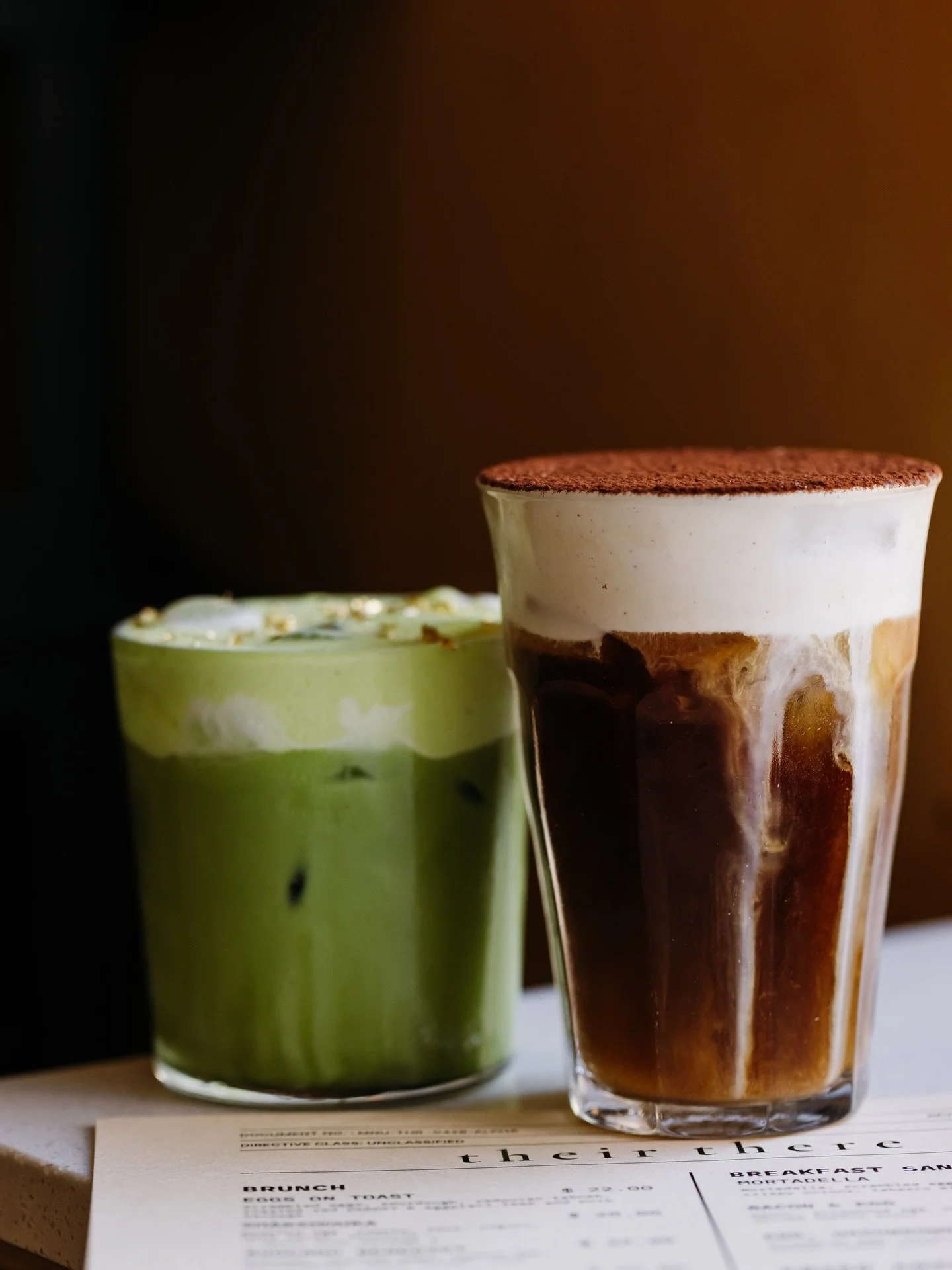 Our May feature drinks both back by popular demand: Pandan Vanilla Bean iced matcha and our Tiramisu cold brew 💚🤎 #theirthere #brunch
