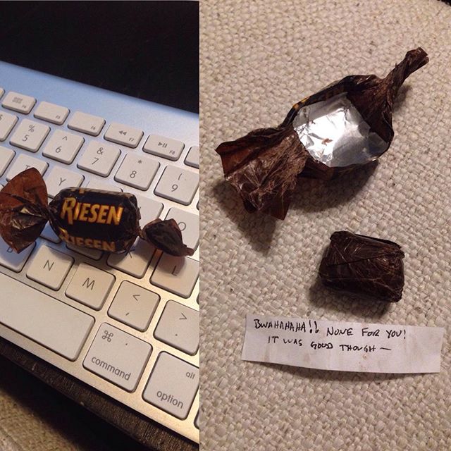I thought Greg was being sweet by leaving me a chocolate on my keyboard... then I open it and find this.... 🙄😂
#nochocolatejustwrappers
#hethinkshesfunny
#notcoolbabe
