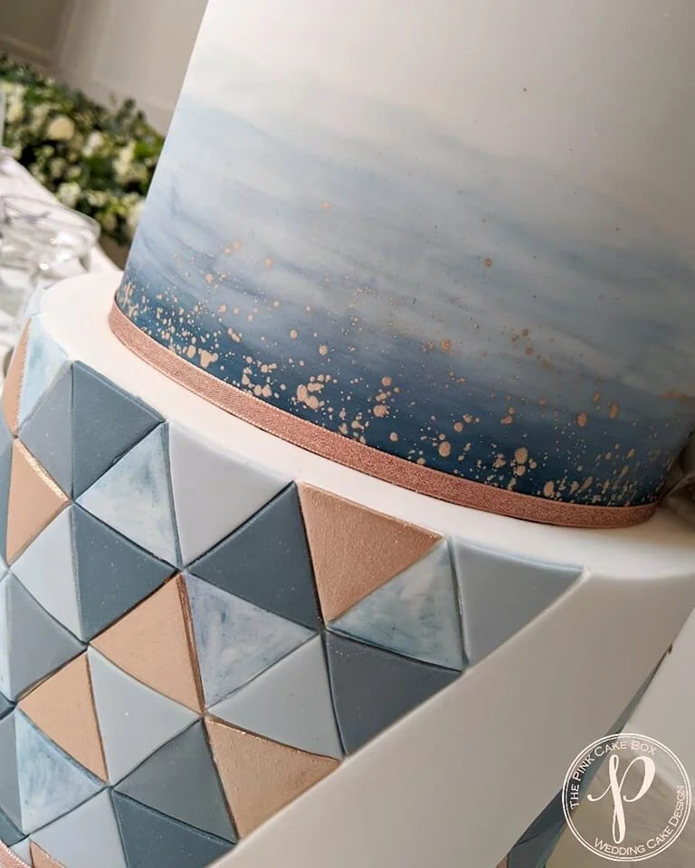 water colour slate blue wedding cake rose gold splatter modern geometric triangles.jpg