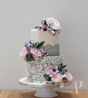 Grey lace 2 tier wedding cake with sugar flowers