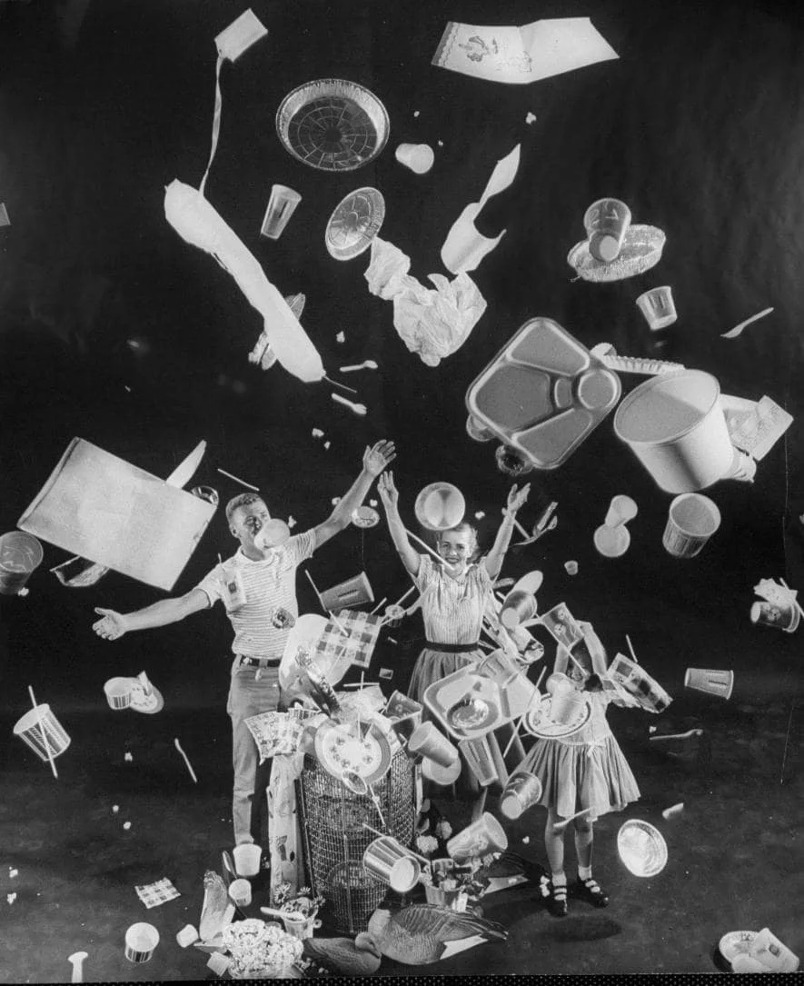 Text: Life Magazine (1955), in which an American family celebrates the rise of disposable plastics. (Photo by Peter Stackpole, Life Picture Collection/Getty Images)