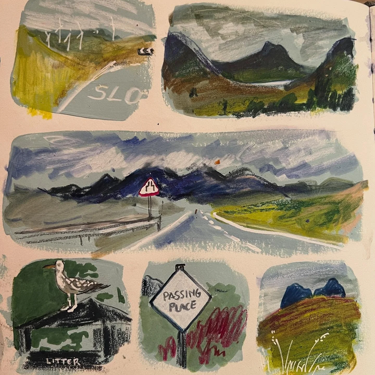 Day 4010: 🏴󠁧󠁢󠁳󠁣󠁴󠁿 Today we left Plockton and headed another 3.5 hours north to the northern of coast of Scotland. Plenty of time to draw the scenery en route&hellip;

I prepped the page with household emulsion in pale blue and then worked with