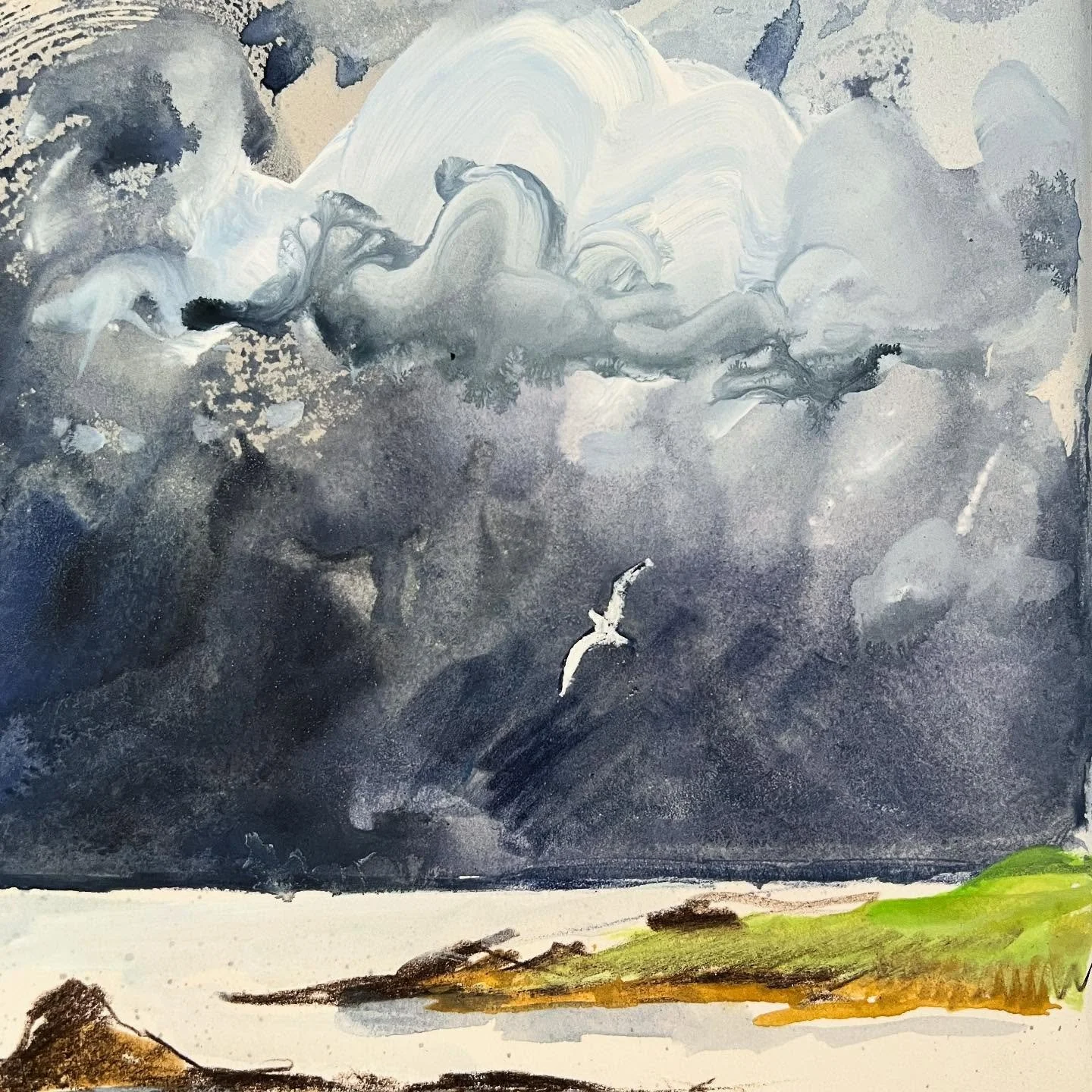 Day 4013: 🏴󠁧󠁢󠁳󠁣󠁴󠁿 no blue skies today but I  enjoyed drawing the weather out of the window a lot.

I used mainly gouache with a bit of pencil (inktense and luminance) and spray paint.

#drawingaday #drawingadaychallenge #illustration #dailyske