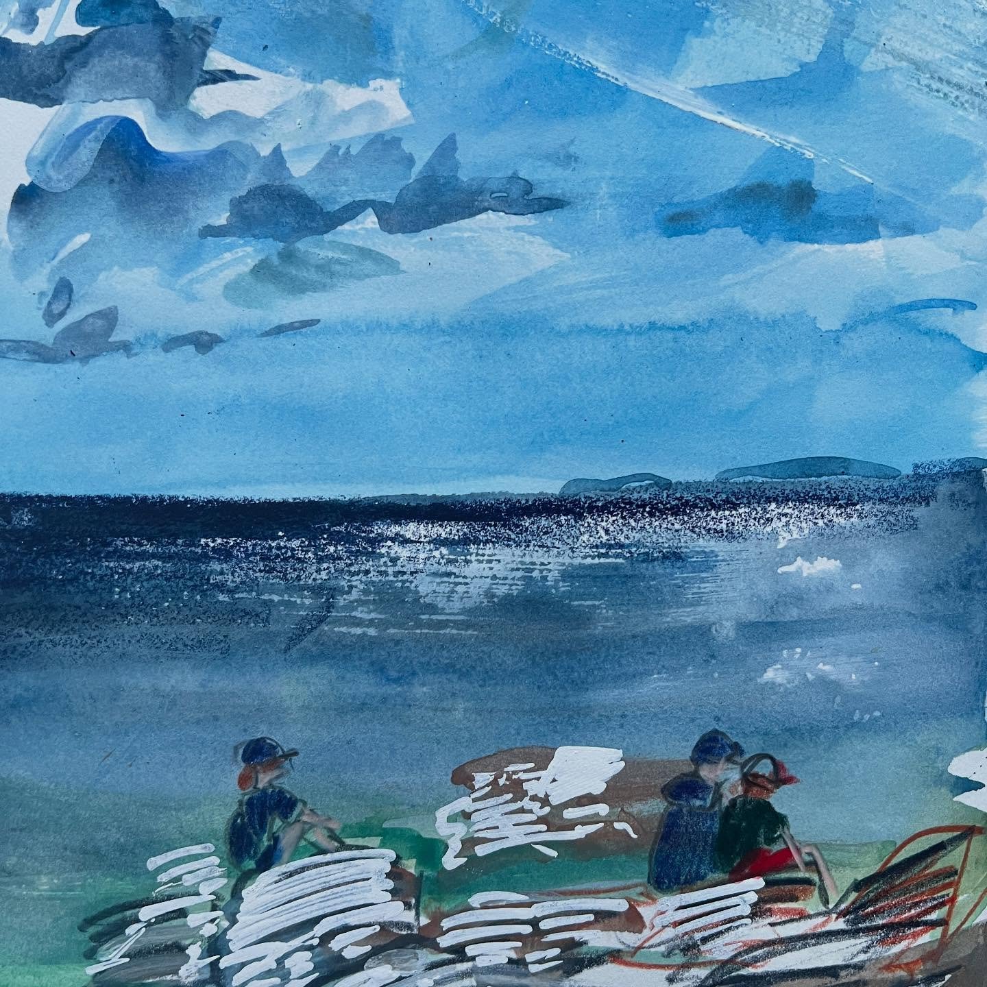 Day 4014: 🏴󠁧󠁢󠁳󠁣󠁴󠁿 More skies and sea today. Lunch stop in Portvasgo in the middle of our hike; and sunset out of the window from our cottage when we got home.

Mostly gouache on these with pencil on top for details. The sunset one had pan past