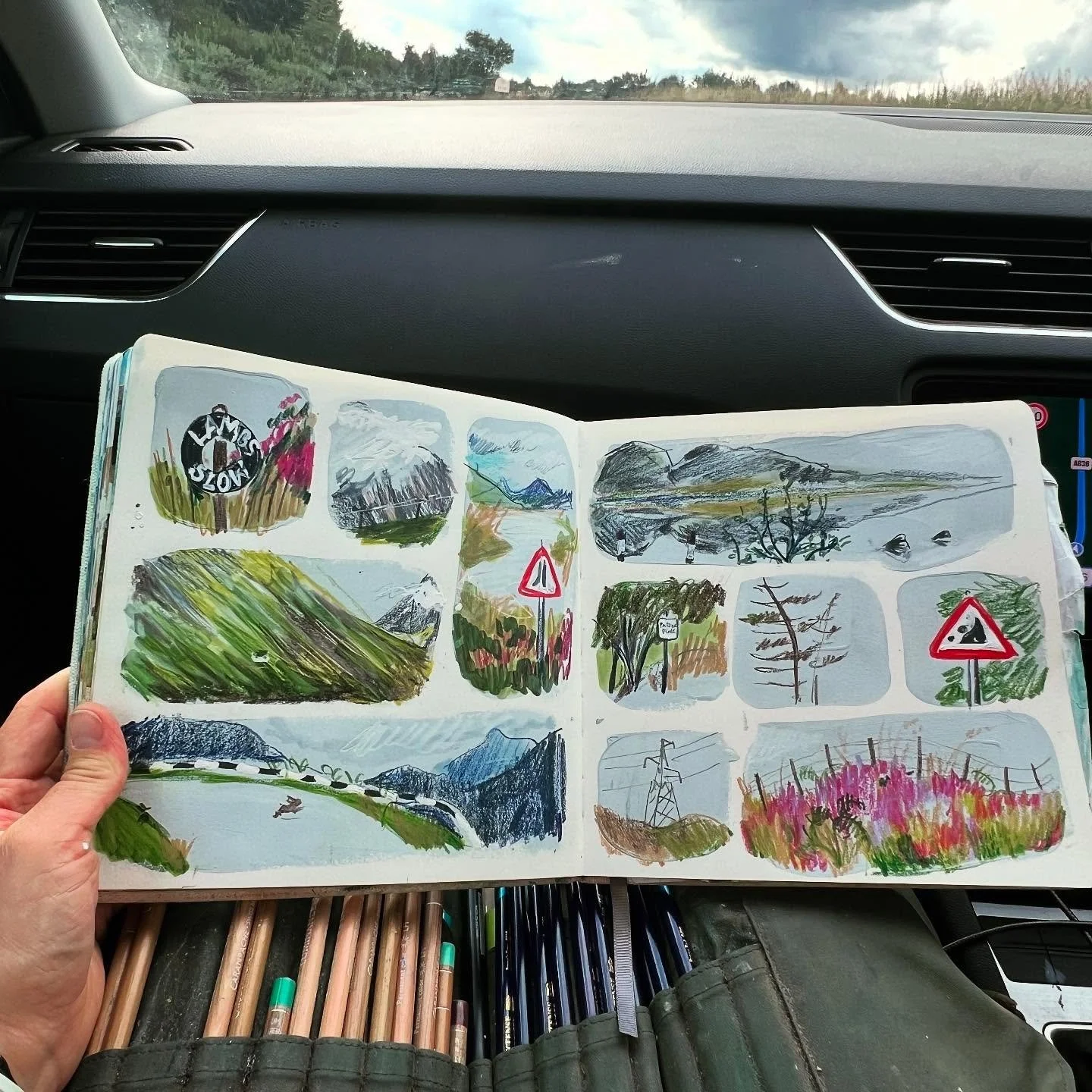 Day 4017: 🏴󠁧󠁢󠁳󠁣󠁴󠁿 Finishing off my Scotland trip with some vignettes drawn in the car between Durness and Lairg this morning. 

Pencil, white marker and tombow marker on pre-painted panels.

#drawingaday #drawingadaychallenge #illustration #da