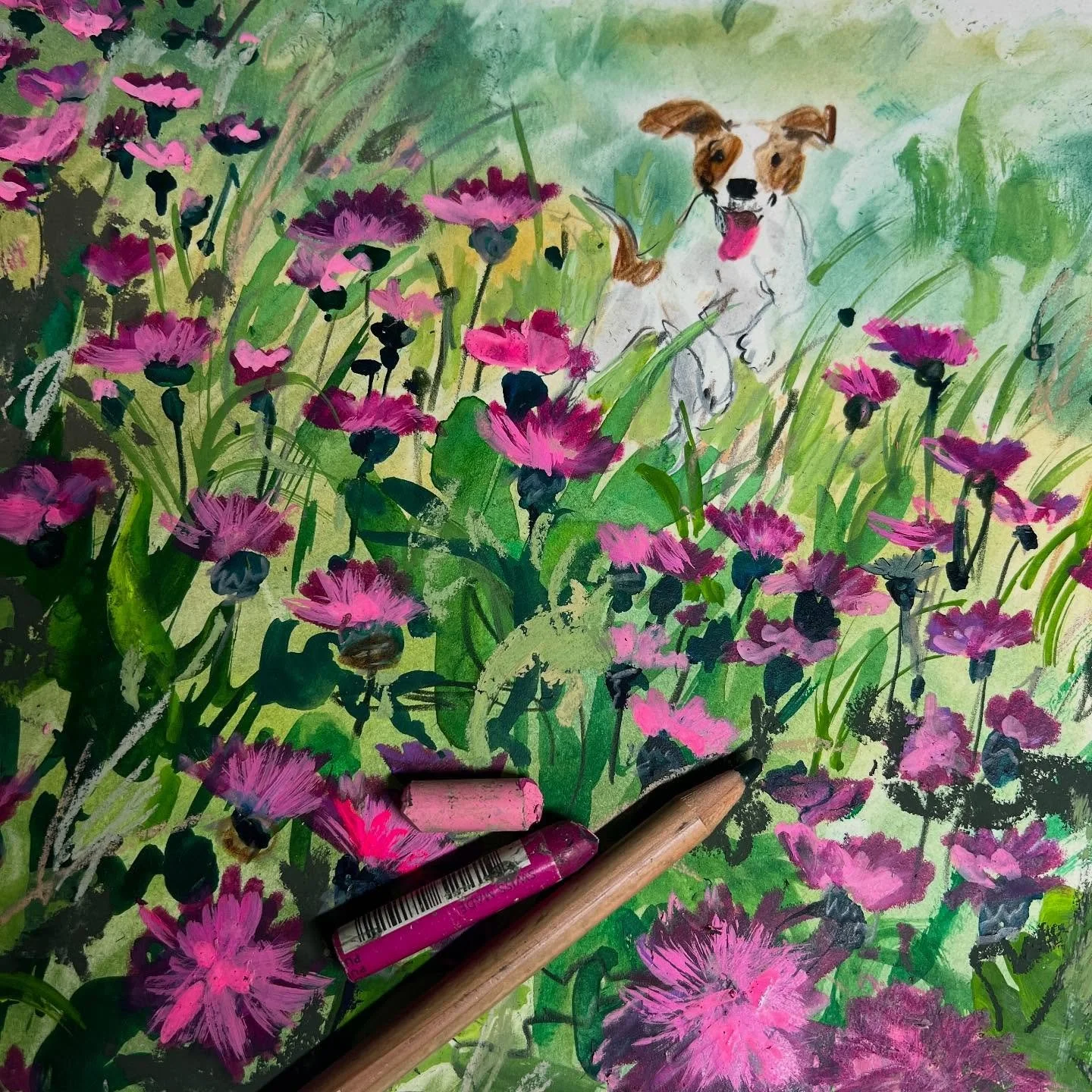 Day 4019: Today is my drawing birthday! 11 years of drawing every day 🎉
It is also my first day back in the studio after my holiday so I&rsquo;ve been diving in to some outstanding doggy projects as well as reopening my shop and avoiding my less fun