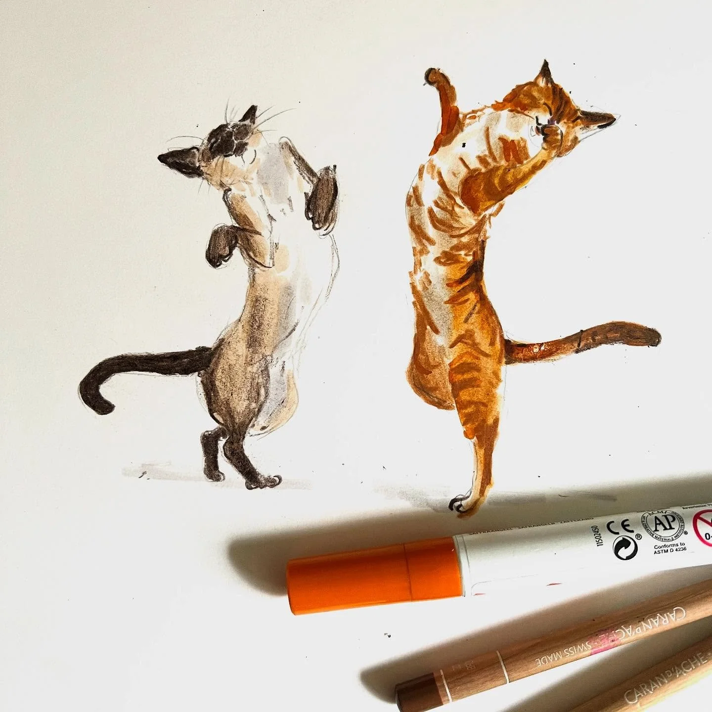 Day 4021: Dancing Cats 🐈&zwj;⬛ 💃 

#drawingaday #drawingadaychallenge #illustration #dailysketch #catsofinstagram #catstagram #drawingcats #mixedmediadrawing