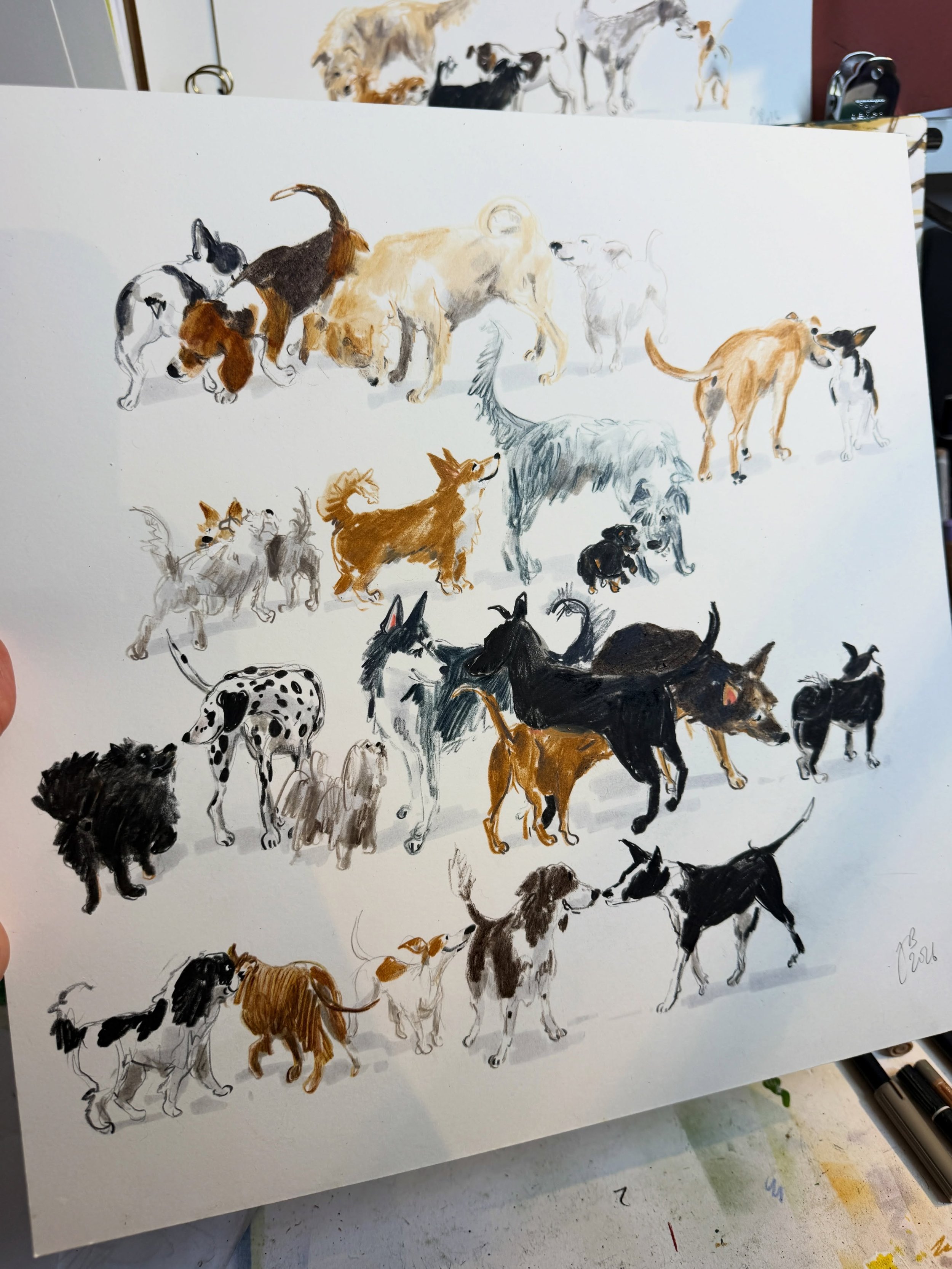 Day 4426: Plenty of meeting and greeting going on on my desk this afternoon 😉 

#drawingadaychallenge #drawingdogs #dogsniffing #mixedmediadrawing #illustratoroninstagram