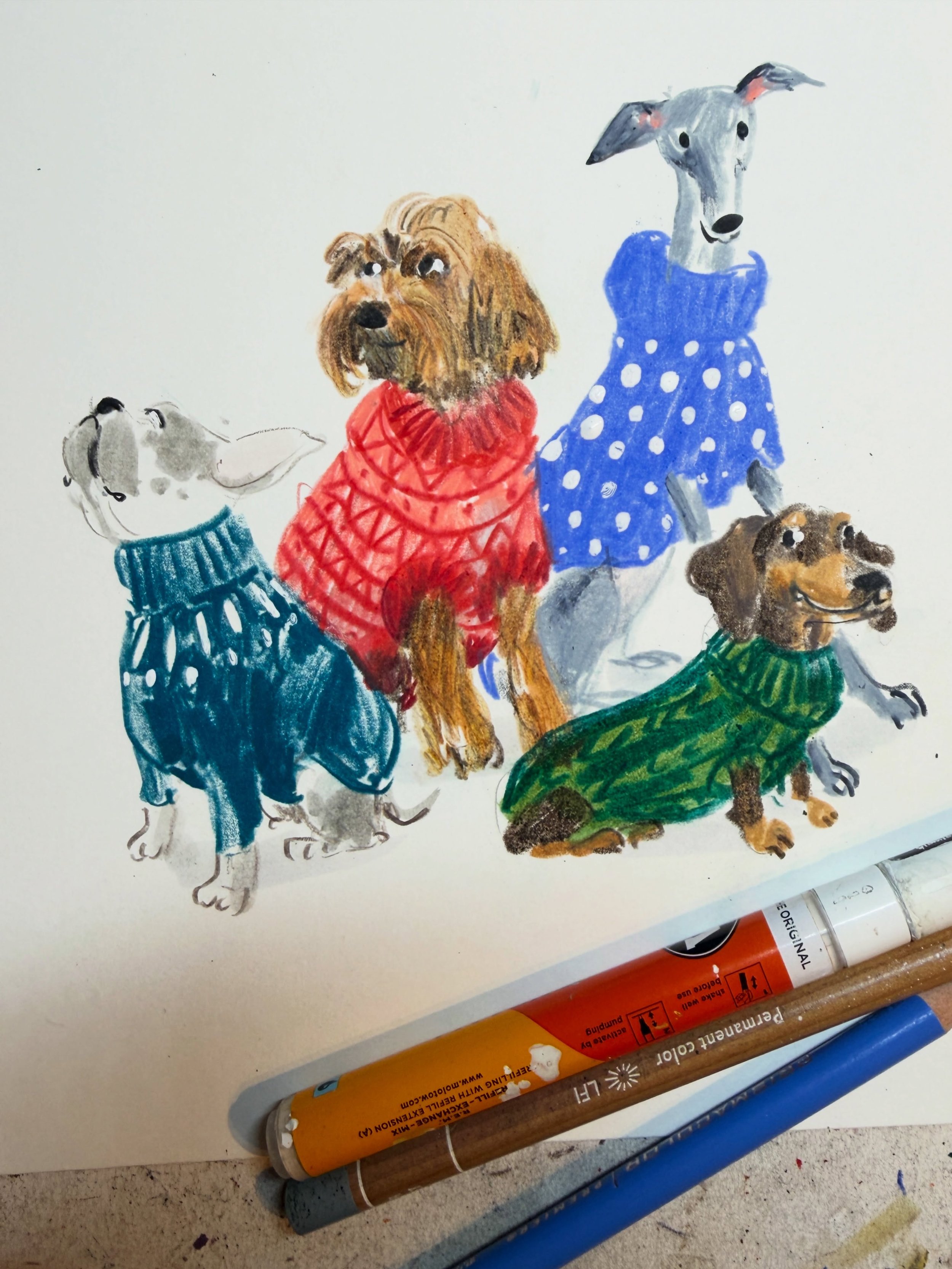 Day 4432: It&rsquo;s finally sweater weather so I can draw dogs in jumpers again (obviously I could draw them any time but it feels wrong when it&rsquo;s warm). 

Also, I have an original drawings release on Friday 6th November at 7pm UK time  so I&r