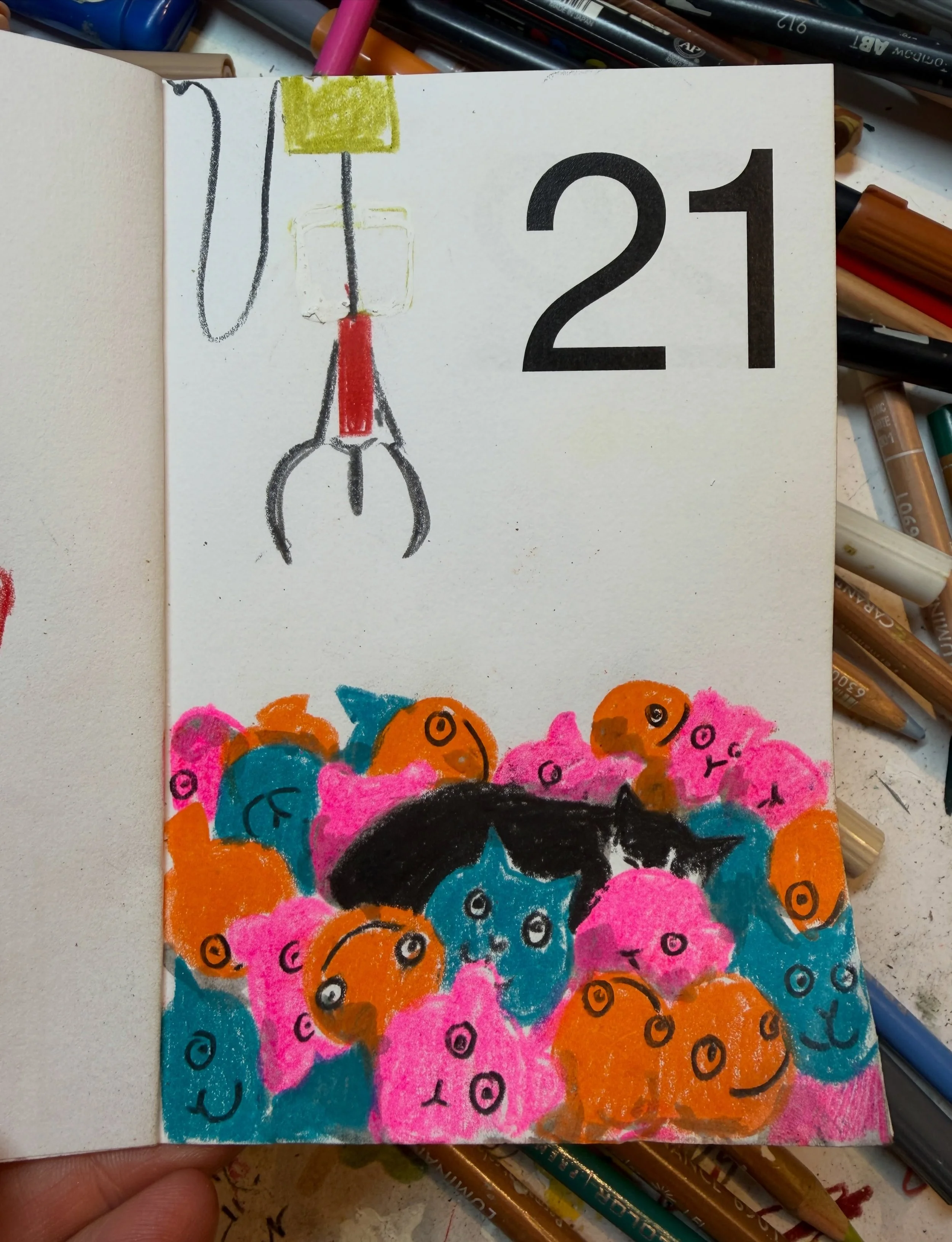Day 4434: The Claw - #21 of my &lsquo;Cats in Things&rsquo; mini project during October. Swipe to see a little video of the pages so far.

#catsofinstagram #drawingadaychallenge #thegrabber #tuxedocat
