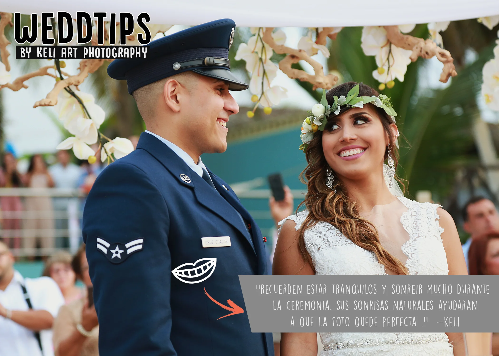 WeddTips: ¡Recuerda sonreír durante tu ceremonia! Muchas veces los nervios traicionan a los novios y no sonríen, no pueden moverse y en ocasiones ni miran hacia el lado para ver a su pareja. Todo ese ''nerviosismo'' se plasma en cada foto o video que se estará tomando. Recuerden estar tranquilos antes y durante la ceremonia y sonreír naturalmente, eso ayudará a que cada foto quede perfecta. Si eres una persona ansiosa o no puedes controlar tus nervios, intenta algún té relajante o agua de azahar. 