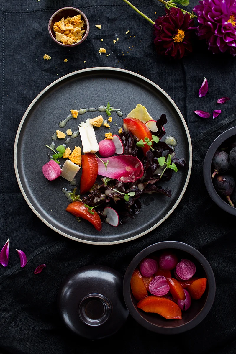 Beautiful fruity meal on dark surface