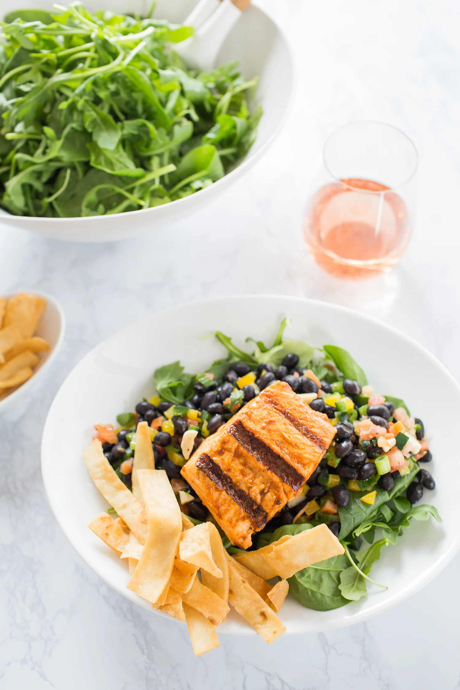 Food photography of fresh filet over fish with salad