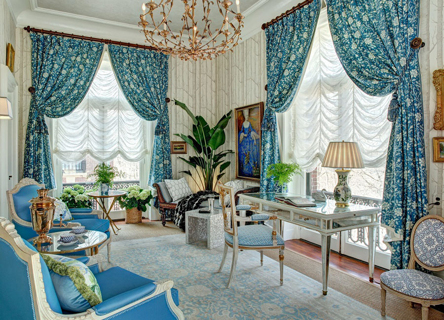 Luxury living room with printed curtains and stylish furniture (Copy)