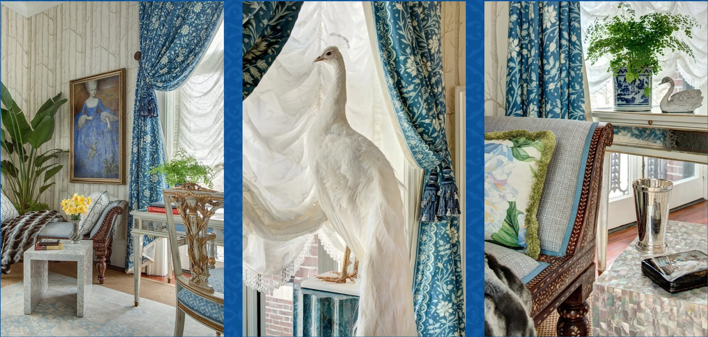 Elegant sofa and curtain with painting in the wall and peacock figurine