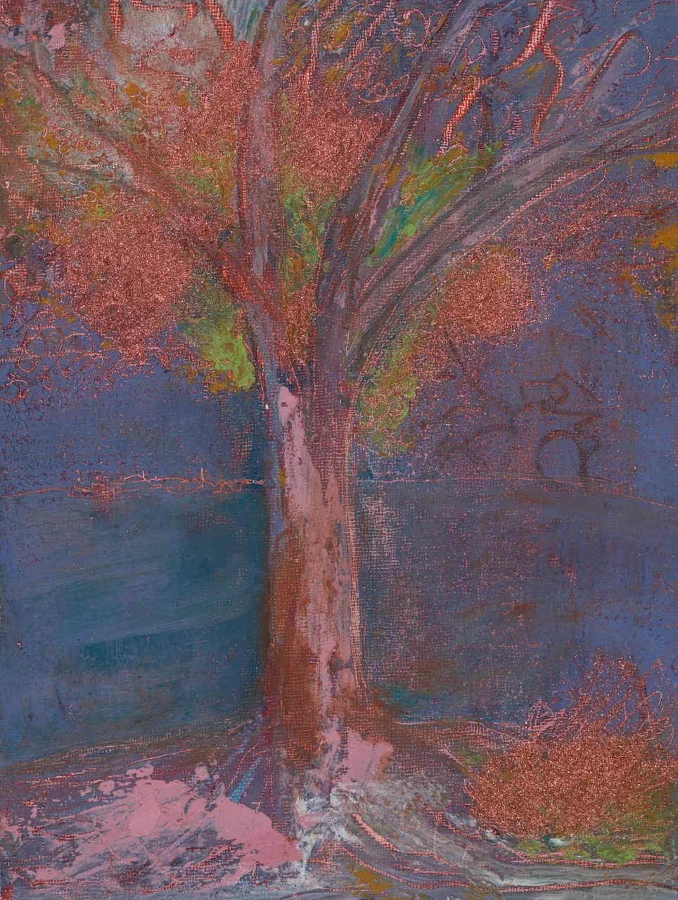 From my imagination but probably inspired by the tulip poplar in my front yard. Oil and cold wax on board with metallic colored color pigments.