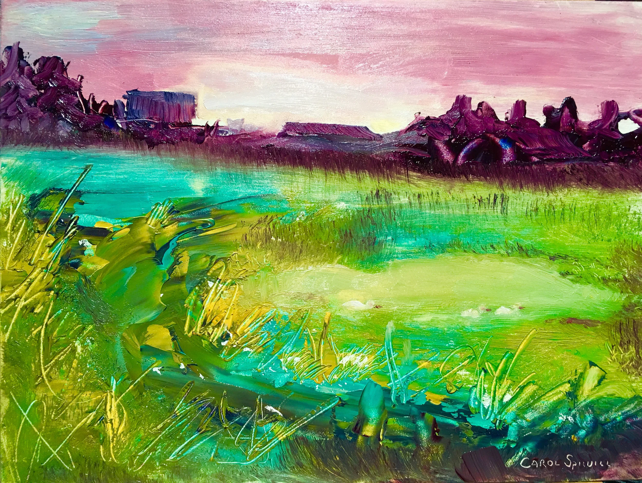 "Sunset on the Farm Pond" (an imagined place - done with oil with palette knife on gesso board)